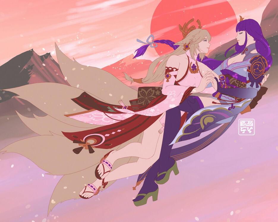 Yae Miko and Raiden Shogun Flat Illustration with Background
